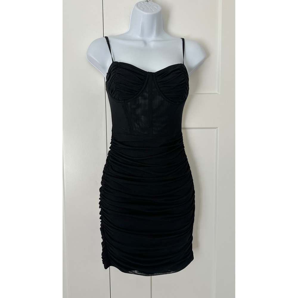 Velvi Evelyn Black Mesh Ruched Corset Bodycon Mini Dress Underwire Sheer Panel S